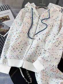 SHEIN All-Over Print Hooded Zip-Up Jacket And Drawstring Waist Long Pants Casual Suit - White - View 5