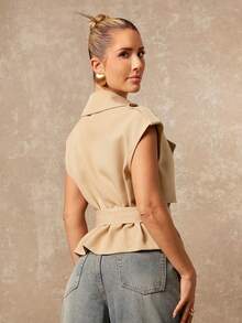 Lumalex New Autumn//Spring High-End Women's Casual Daily Commuting Khaki Stand-Up Collar Curved Shoulder Double-Breasted Design Waist Sleeveless Short Windbreaker, Vest Jacket, New Spring Women's Style, Spring/Summer Clothing, Daily Business Casual Wear, Casual Elegant Clothing - Khaki - View 4