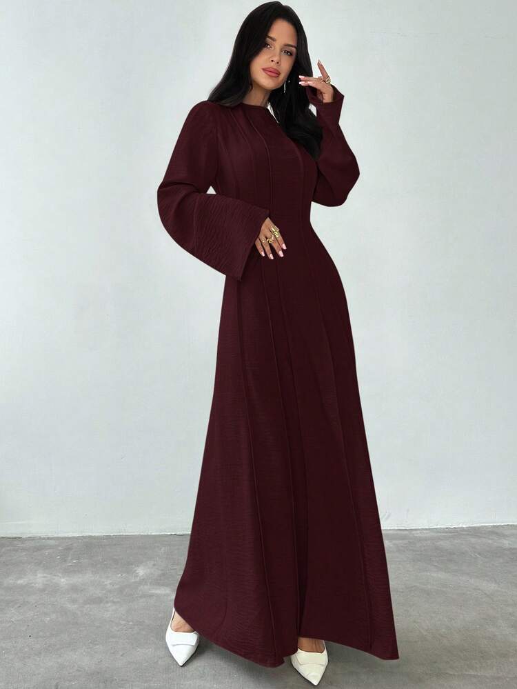 Firerie فستان طويل أنيق بخصر مجمع على شكل حرف A، بأكمام طويلة وياقة مزيفة، من قماش كتاني ناعم وخفيف، مناسب للارتداء في المناسبات الرسمية والحياة اليومية، مثالي للربيع والخريف - عنابي اللون - مشاهدة 6