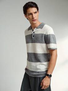 RONVEXI Men's Contrast Color Polo Collar Short Sleeve Casual Knit Top Men Buttoned Knitted Polo Grey Knit Short Sleeve Short Sleeve Mens Striped Polo Shirt Knitted Men Shirt