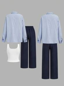 SHEIN LUNE 女士休闲条纹衬衫和裤子三件套/组 冬季女装 休闲套装 两件套 工作服 夏季休闲装 - 彩色 - 查看 2