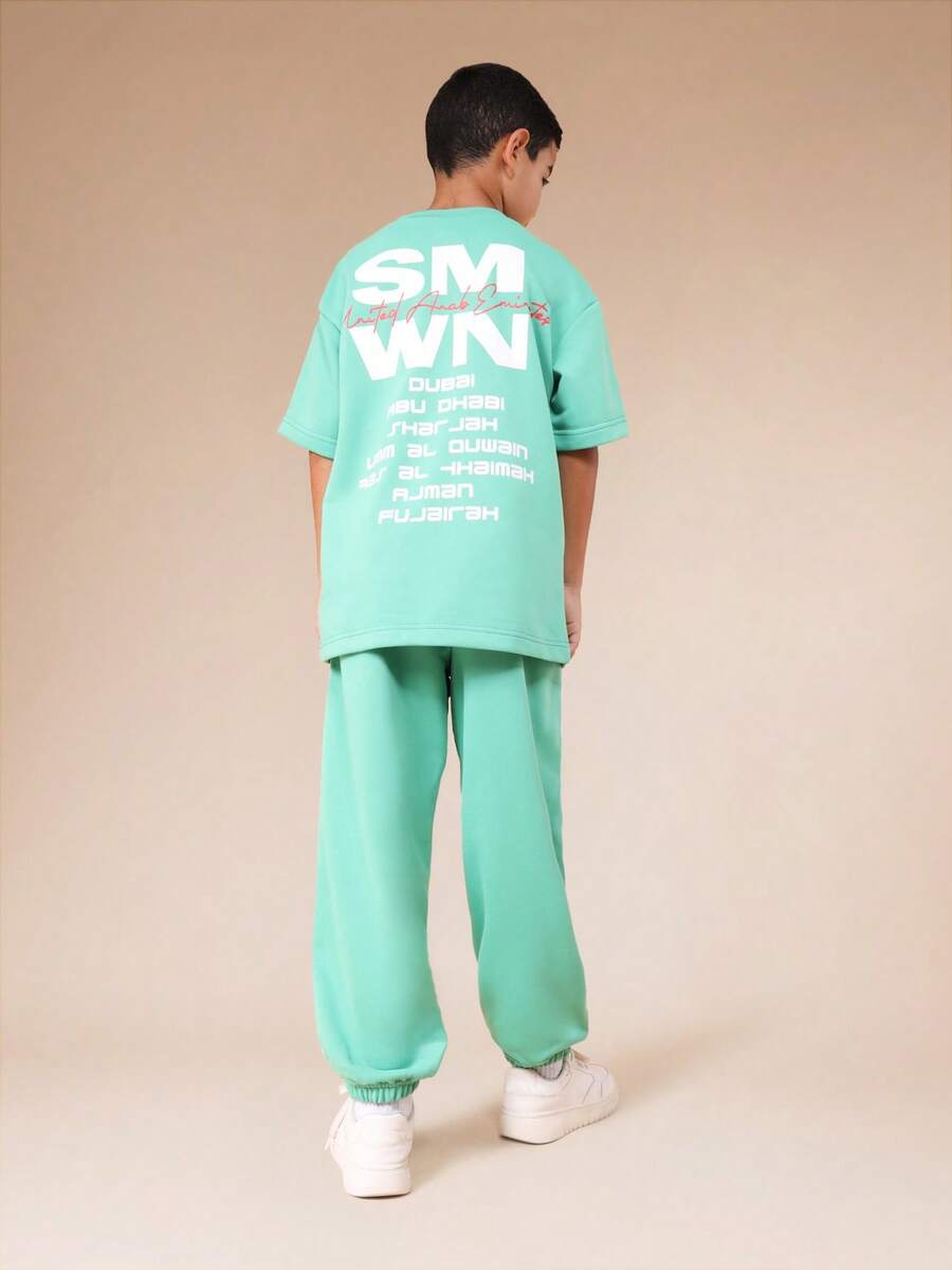 SUMWON Boys Oversized Mint Green T-Shirt And Jogger Set With White Side Stripe Details And Mixed Graphic Text Print Casual Vacation - Green - View 1