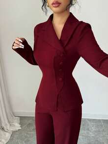 Modelyn Damen-Outfit in Burgunderrot mit Langarm-Bluse mit Kragen und Knopfleiste sowie gerader Hose, elegantes Herbst-Outfit - Bordeaux - Übersicht 5