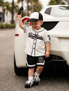 SHEIN Playful Pals Baby Boy Infant Toddler 0-3Y Fashion Streetwear Sports Baseball Hoodie Jacket, Soccer, Basketball Jersey Style Outerwear & Shorts Set, Baby Spring Summer Sports Outfit