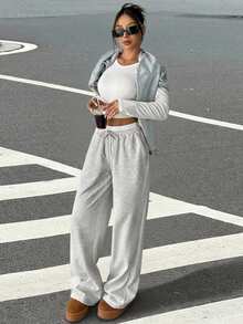 SHEIN EZwear Contrast Color Waistband Drawstring Pockets Casual Wide Leg Baggy Sweatpants - Grey - View 4