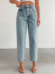 EURMUSE 100% Cotton High Waist Straight Leg Casual Denim Jean - Medium Wash - View 7