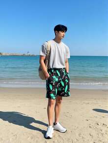 Short causal de playa para hombre, estampado de palmeras, talle de cintura natural con cordón, bolsillos frontales funcionales, tela de poliéster, apto para temporadas de primavera y verano, muy fresco y cómodo, ideal para ir a la playa o el uso casual. - Negro - Ver 3