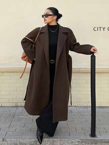 Dazy Plus Plus Size Women Solid Color Thick Wool Blend Tie Waist Long Coat, Autumn/Winter