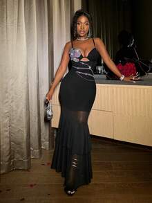 Slaydiva 2025秋冬季新年、情人节、派对、宴会、约会、生日派对、学院风、学生装、日常出行、百搭基础款、休闲、邮轮旅行、爆款、优雅、通勤、商务休闲、极简主义、吊带、水钻胸前、镂空、多层网纱鱼尾下摆黑色长裙、派对礼服、女士连衣裙 - 黑色 - 查看 8