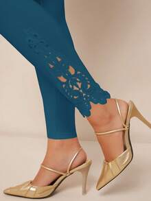 SHEIN PETITE CURVE 女士纯色弹力腰休闲打底裤 - 水鴨藍 - 查看 6