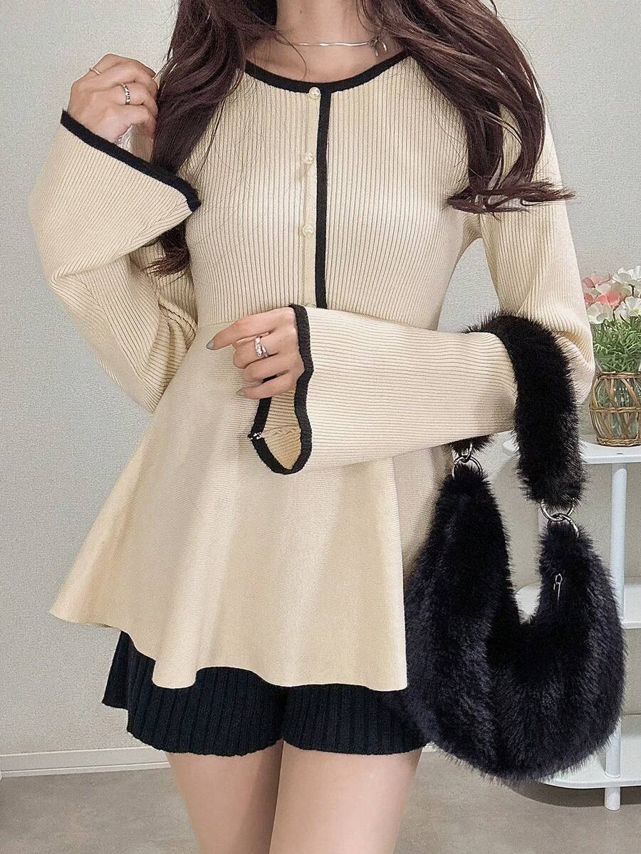 FRIFUL 女士可爱荷叶边下摆喇叭袖毛衣，秋冬款 - 米色 - 查看 1