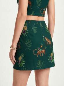 CAJUNI Gonna corta casual da donna per vacanze, con stampa tropicale di leopardo verde scuro e foglie di ananas, adatta per appuntamenti, vacanze, feste, festival musicali, inizio della stagione scolastica - Verde Scuro - Visualizzare 5