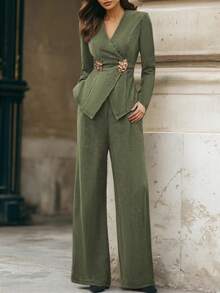 SHEIN Unity Nouveau set 2 pièces en métal décoratif, col V, manches longues, asymétrique avec lien, décontracté mais élégant, convient pour de multiples occasions - Militaire verte - Voir 7