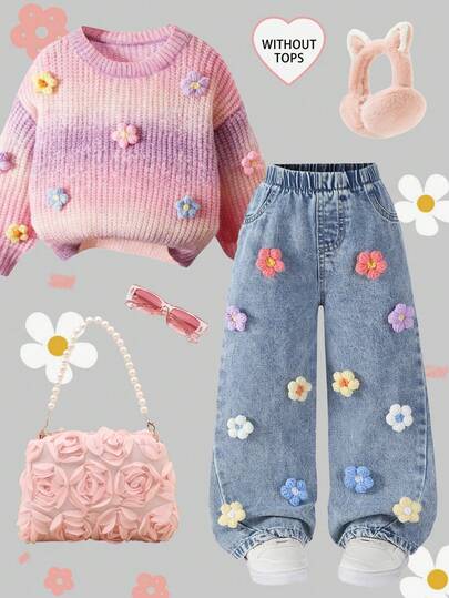 SHEIN ChillGRL Young Girls Cute Style Girls Jeans, Spring/Summer & Autumn/Winter, Medium Blue Denim Color, Colorful Knitted Floral Decor, Loose Straight Leg, Soft & Comfortable Fabric, Suitable For Casual Outings, Fashion & Versatile