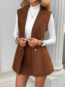 Serisse Women's Elegant Double-Breasted Vest & Skirt 2 Pieces Set,Winter Clothes For Women ,Summer,Beach, Christmas ,New Year,Party ,Elegant,Casual Brown Two Piece Set Women - Brown - View 4