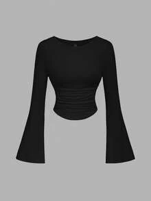 SHEIN MOD 3 chiếc áo thun nữ cổ tròn tay chuông màu trơn thời trang xếp ly - Màu Hồng  San hô - Xem 6