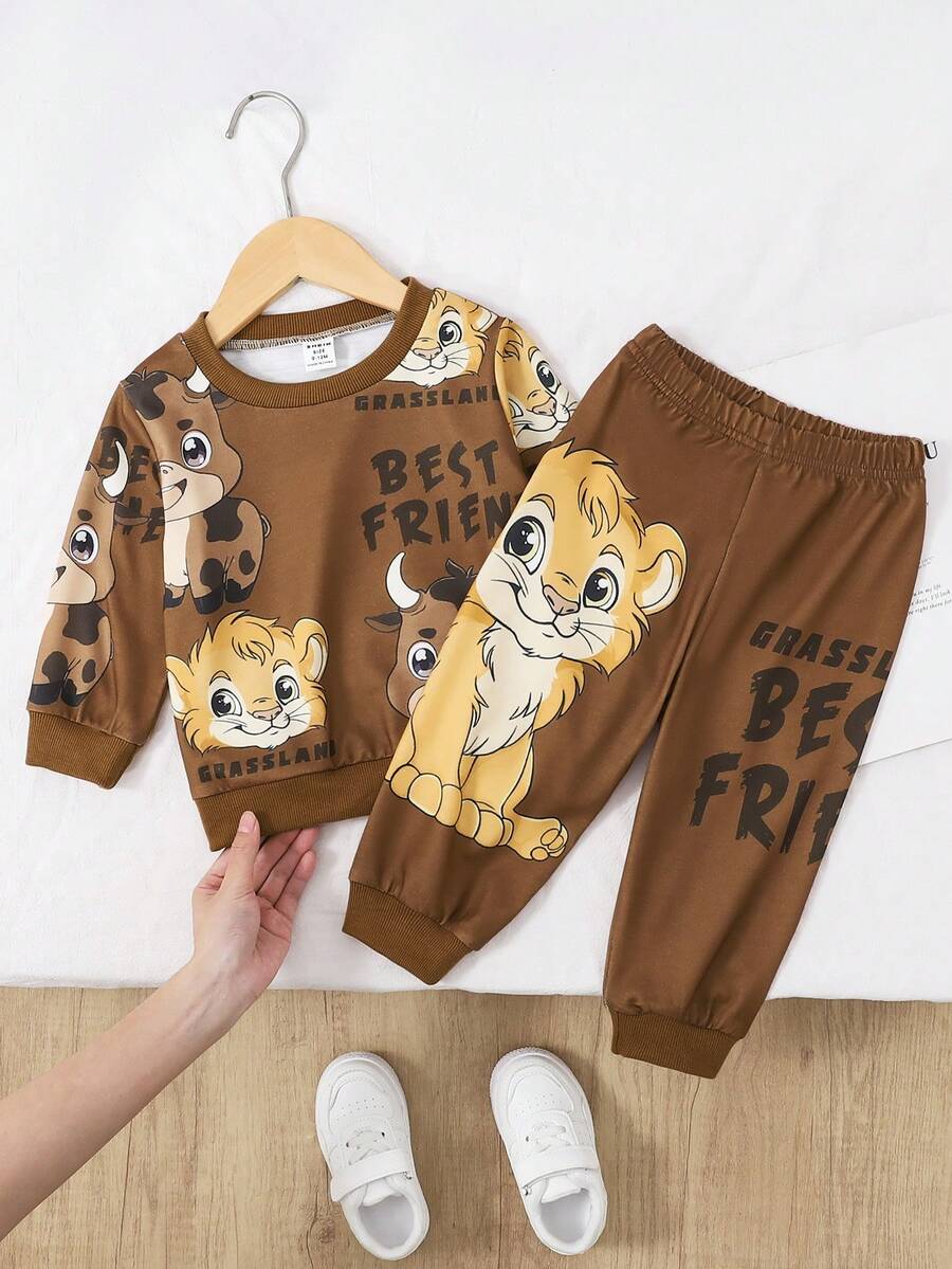 SHEIN Playful Pals 男婴卡通动物印花圆领长袖卫衣和松紧腰运动裤套装 - 棕色 - 查看 1