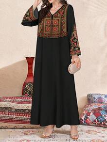 SHEIN Najma 女士优雅花卉数码印花V领长袖连衣裙，阿拉伯风格，适合春秋季穿着 - 彩色 - 查看 4