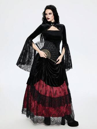 Breakform Women's Gothic Elegant Palace Style Lace Patchwork Metal Buckle Collar, Front Hollow, Floral Flocked Patchwork Flared Cuff Fitted Blouse