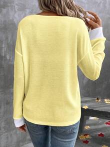 EMERY ROSE Women's Casual V-Neck Contrast Binding Loose Waffle Knit T-Shirt, Suitable For Spring/Autumn Daily Commute - Multicolor - View 2