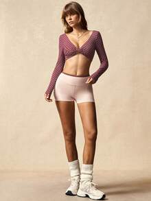 VARSIVA Pink Polka Dot Print Workout Women Sets 2pcs/Set Women Polka Dot Long Sleeve Br And Shorts Sports Suit, Pink Sets, Pink Dot Print, Gym Fitness Yoga Casual Vacation Holiday Spring Summer Fall Winter And All Seasons, Double-Sided Knotted Top Paired With Hip-Lifting Athletic Shorts  Twist-Front Long Sleeve Crop Top Sport Bra Yoga Short Sets For Women Long Sleeve Workout Set Polka Dot Workout Set - Multicolor - View 6