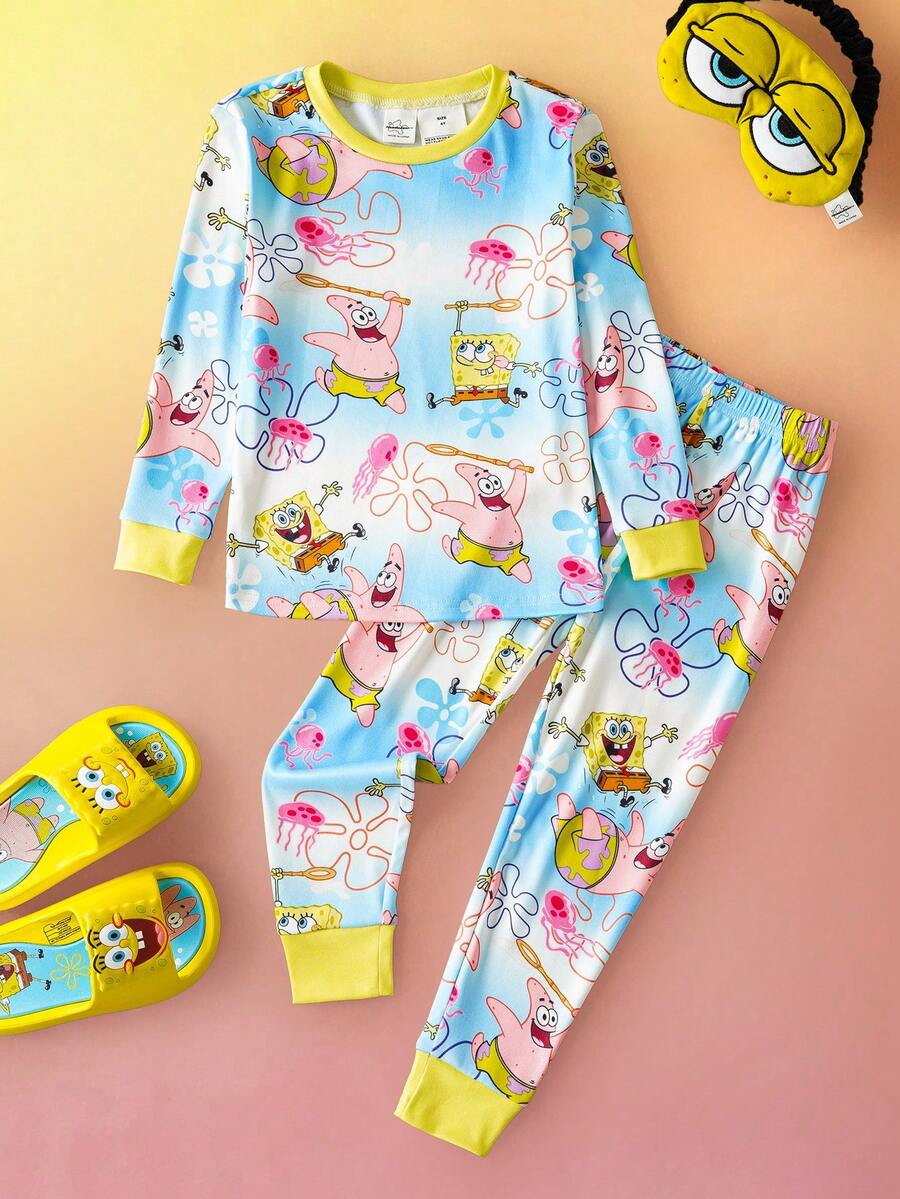 SpongeBob SquarePants | SHEIN 2pcs/Set Young Boy Ocean Cartoon Pattern Crew Neck Long Sleeve Top And Pants Knit Comfortable Casual Stretchy Pajama Set