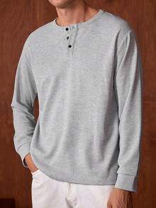 Officeau 男士亨利领华夫格针织上衣，舒适休闲，亨利领设计，易于穿搭，纽扣细节，适合日常外出，复古风格，秋季必备 - 灰色 - 查看 4