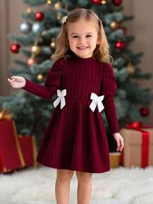 Robe pull à col roulé en tricot côtelé pour jeunes filles, manches gigot + nœud décoratif de couleur contrastée, robe minimaliste et convenant pour le printemps et l'automne - Rouge foncé - Voir 8