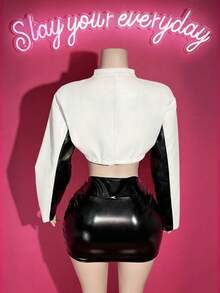 Slaydiva Autumn And Winter Casual Street Motorcycle Style Round Neck Long-Sleeved Off-Shoulder Ultra-Cut Black And Red PU Women's Jacket Y2k