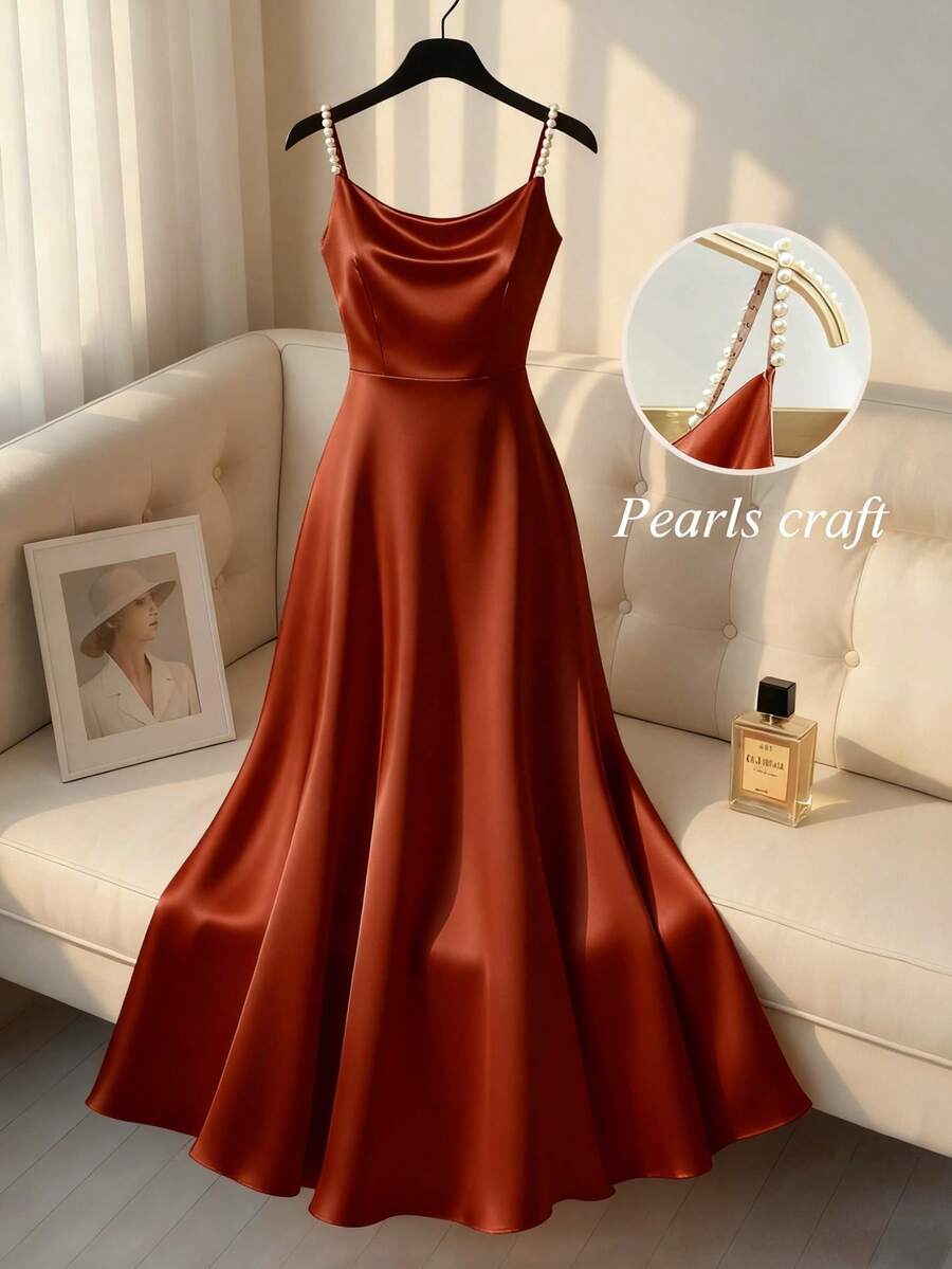 SHEIN Franclia 女士优雅缎面珍珠吊带裙，A 字廓形，适合通勤、派对和活动