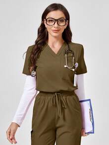 TaskEZ 1 Set V-Neck Short Sleeve Top And Pocketed Pants Scrub Uniform Casual - Green - View 6