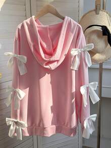 SHEIN EZwear Moletom com capuz e cordão de manga comprida com decoração de laço feminino plus size, outono/inverno - Rosa - Ver 2
