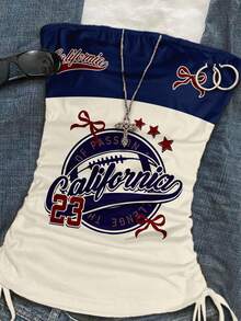 Attitoon 女士休闲复古抽绳系带露脐抹胸上衣，足球和加州图案印花 - 彩色 - 查看 3