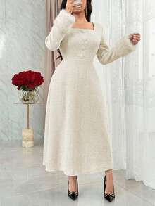 Modelyn Women's Solid Color Square Neck Faux Fur Patchwork Elegant Long Sleeve Midi Dress - Apricot - View 6