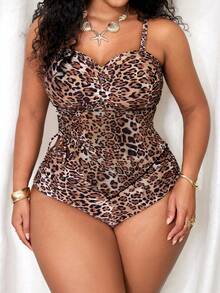 Slaydiva Plus Size Women Leopard Print V-Neck Ruched Swimwear Set,Tummy Control Animal Print Bathing Suit,Tie Dye,Summer,Beach,Vacation,Holiday,Curvy Swim - Multicolor - View 1