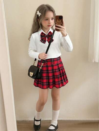 Sparklyn 两件套女童蝴蝶装饰POLO领长袖T恤+格子裙，欧美学院风，适合春秋季穿着