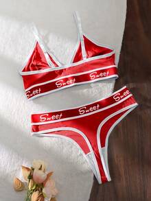 Yoga Women's Letter Tape Bra & Panty Lingerie Set Sports - Red - View 4