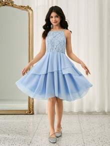 Mädchen Jugendliche Einfarbiges Kleid mit Spaghettiträgern und Rüschensaum, elegant - Babyblau - Übersicht 1