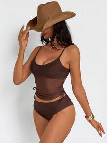 Oceva 女士棕色网纱拼接U领性感优雅简约抽绳修身吊带背心比基尼沙滩度假装 - 棕色 - 查看 6