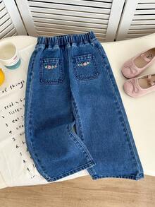 Genkimix Kids Quần jean denim cho bé gái (nhỏ), thời trang mới cá tính ngọt ngào cổ điển dễ thương thêu hoa nhiều màu, quần ống đứng rộng rãi màu xanh, quần denim ngày lễ giản dị phong cách ngọt ngào nữ tính - Màu xanh lam - Xem 7