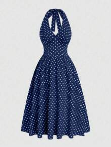 Sweetra 优雅露肩V领蝴蝶结系带休闲度假连衣裙，复古法式风格，波点图案，收腰设计，柔美优雅 - 藏蓝色 - 查看 1