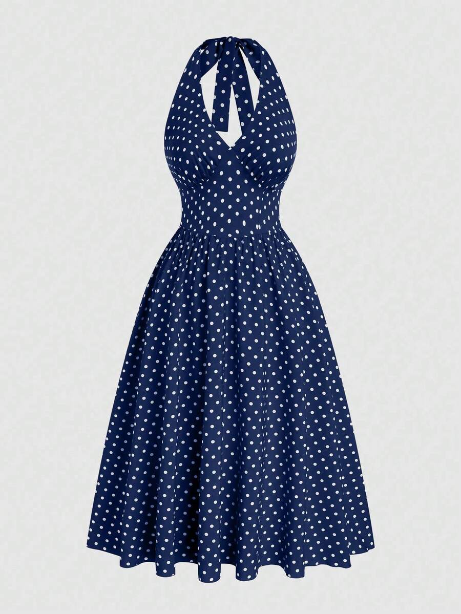 Sweetra 优雅露肩V领蝴蝶结系带休闲度假连衣裙，复古法式风格，波点图案，收腰设计，柔美优雅 - 藏蓝色 - 查看 1