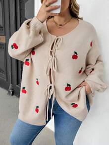 SHEIN CURVE+ 大码女式棕色蝴蝶结领开襟针织衫，舒适百搭，适合日常穿着、通勤，秋冬季/2026/新年款 - 棕色 - 查看 5