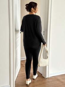 Lounesse 大码女式纯色圆领长袖T恤和打底裤休闲两件套 - 黑色 - 查看 2