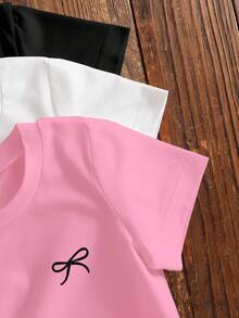 3件套女婴男女通用短袖针织圆领T恤，休闲可爱蝴蝶结设计，黑/白/粉三色可选，适合6个月至3岁宝宝