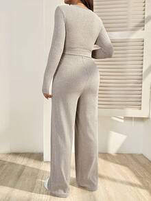 SHEIN 两件套孕妇纯色圆领长袖罗纹T恤和可调节腰围休闲裤套装