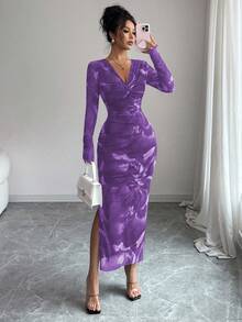 Elenzga Women's Elastic Mesh Floral Pattern Dress, Chic And Feminine Design With Criss-Cross Twist V-Neck, Bodycon Silhouette And Slit, Suitable For Daily Commute, Dates, Parties And Gatherings - Purple - View 5