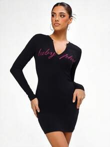 BABYPHAT 长袖V领修身迷你连衣裙，饰有水钻文字细节，适合派对场合 - 黑色 - 查看 3