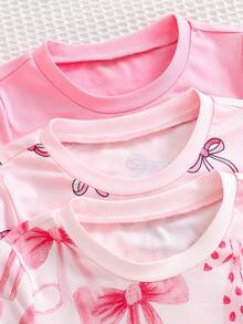 Conjunto de 6 piezas de pijama para niñas, top de manga larga con estampado de moño minimalista y moño 3D, y pantalones, conjunto de ropa de dormir - Multicolor - Ver 3