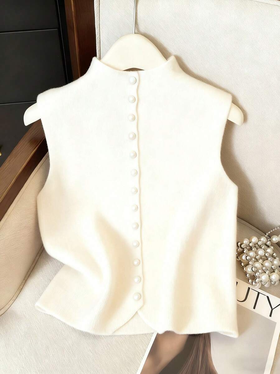 Franclia 休闲宽松高领无袖针织纽扣设计红色女式毛衣上衣，春秋 - 米色 - 查看 1